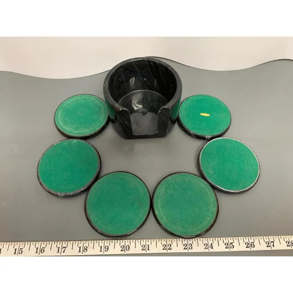 Black Marble Coaster Polo Dark Grey Cork Center Felt Bottom Set of 6 W/Holder